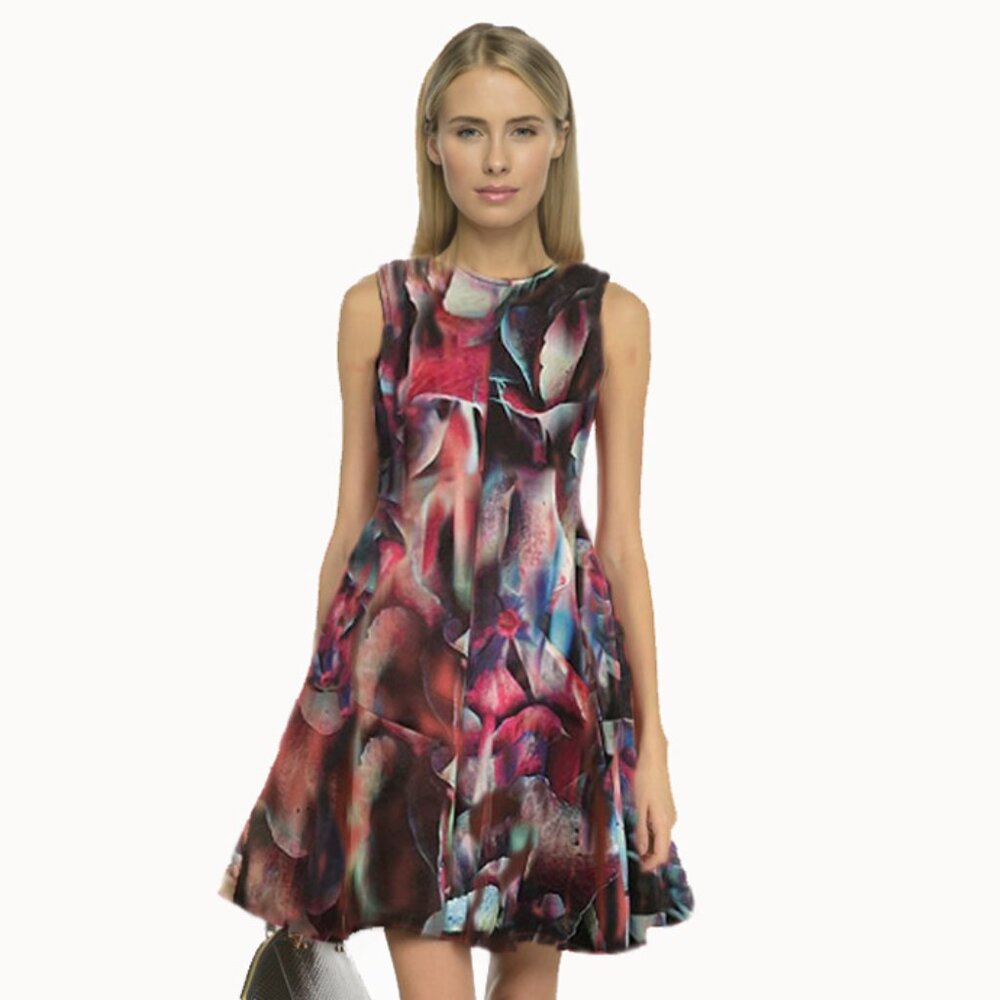 Emporio Armani Abstract Floral A-Line Dress in Burgundy, Pink, Blue